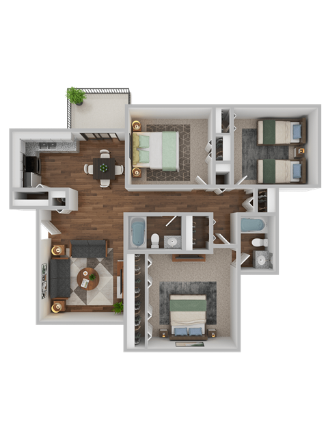 Floor plan for 3 beds, 2 baths, 1076 sqft